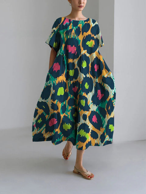 Women's loose crew neck fashion high-end short-sleeved printed dress m301052