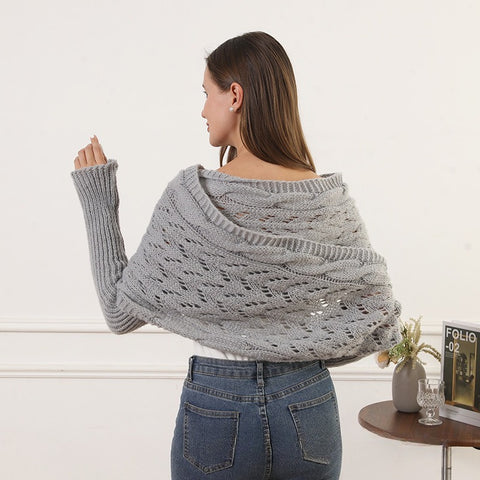 Double-sleeved extended hollow shawl multi-purpose knitted twist sweater with scarf outside autumn and winter women m302058