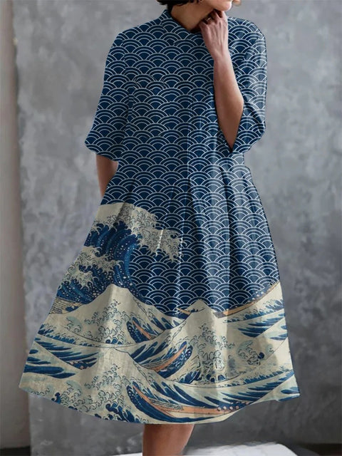Elastisches Hanf kurzes Hemdblusenkleid, Blumenmuster, japanischer Urlaubsstil, Pendelrock m303187