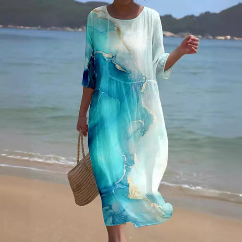 Loose Crew Neck Fashion Premium Long Sleeve Printed Dress m301045