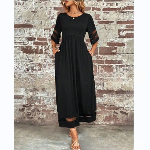 Large size women's five-quarter sleeve mesh crew neck splicing pocket dress m302052
