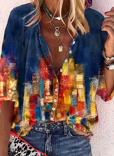 Color Block V Neckline Half Sleeve Blouses m161504887 (5825578)