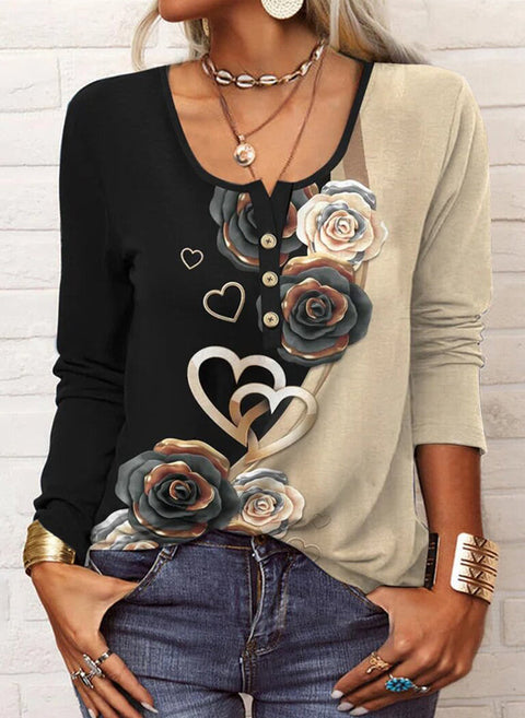 Color Block Round Neckline Long Sleeve Blouses m161512912 (5829594)