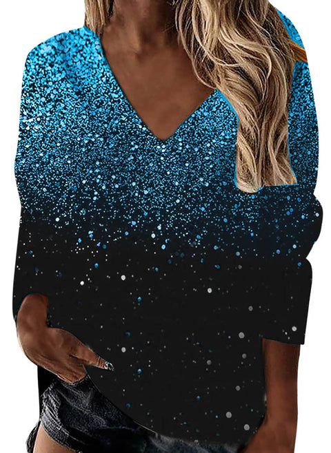 Color Block V Neckline Long Sleeve Blouses m161514847 (5830548)