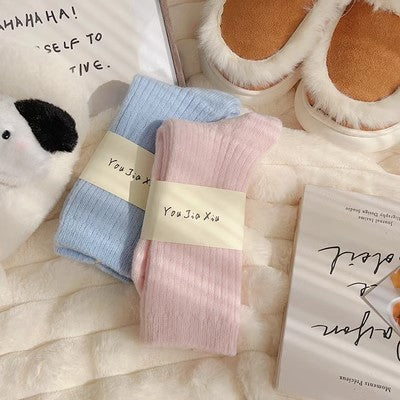 Solid color vertical plush socks, children's mid length socks, autumn and winter plush and thickened warmth, Japanese style plush socks, winter long socks, m1915010473